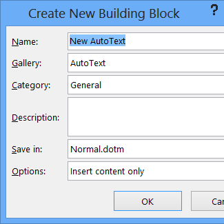 insert signature in word - Create New Building Block dialog box