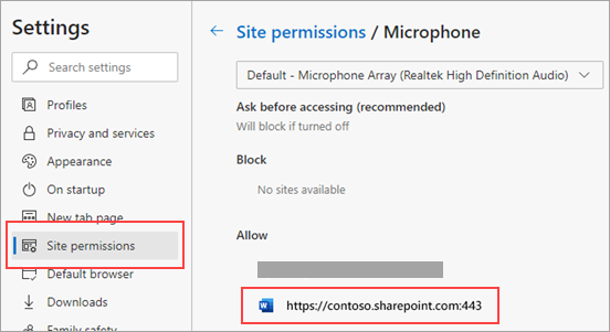 Microphone permissions settings page for Microsoft Edge