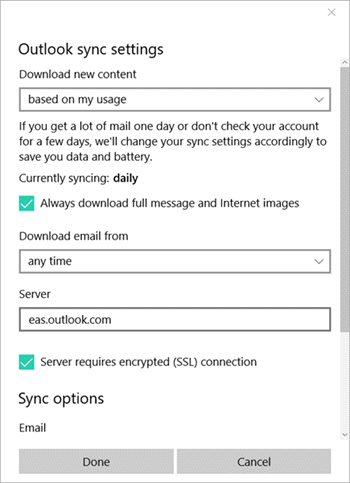 Change your sync options for your account