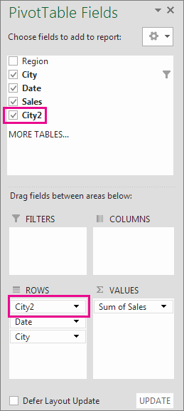 City2, based on the City field, is used in the Rows area for grouping