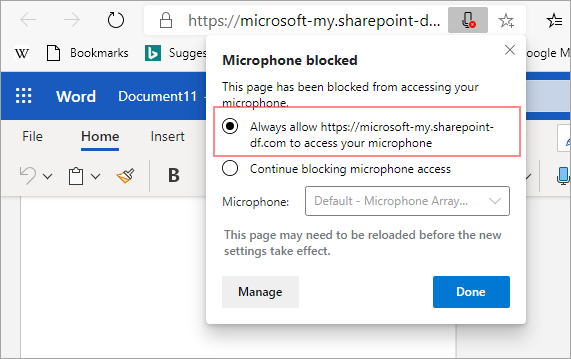Change the setting to Always allow access to the microphone.