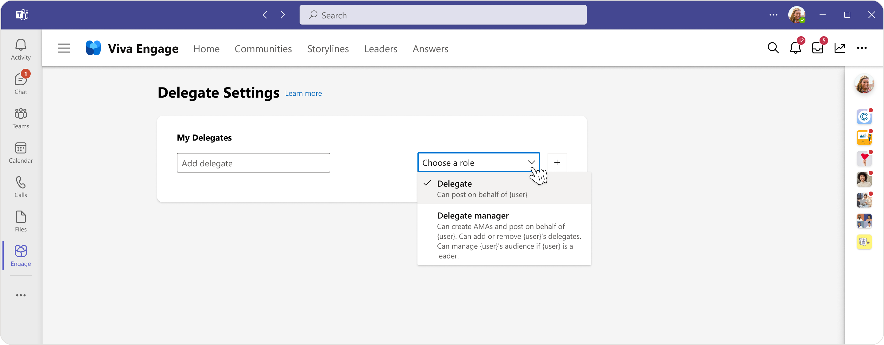 Image of the interface for Delegate Settings