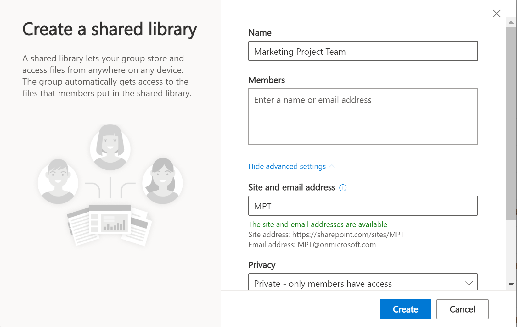 Shows  the "Create a shared library" page, with options to scroll through on the right.