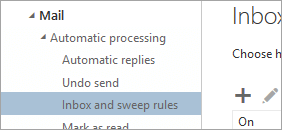 A screenshot of Inbox and sweep rules on the Options menu