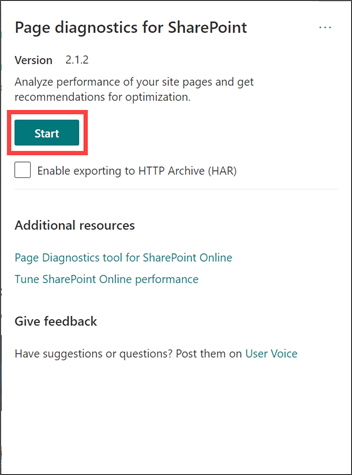 Page diagnostics for SharePoint tool start page