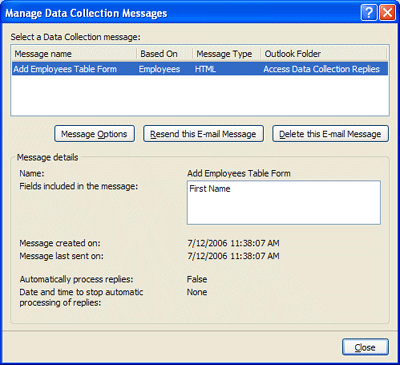 Manage Data Collection Messages dialog box