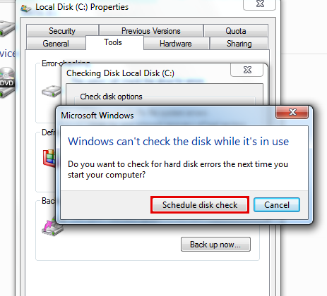 If the drive that you want to check is currently in use and it is your system drive, you will see a dialog box with a warning message. In this case, click Schedule disk check.