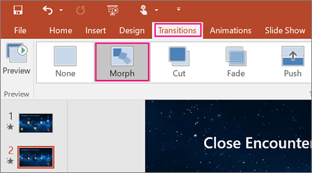 PowerPoint Transitions tab, Morph option in Transitions in This Slide group