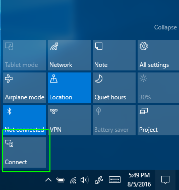 Connect Option in Action Center