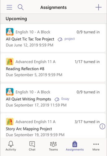 Assignments list in mobile
