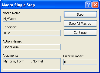 Macro Single Step dialog box