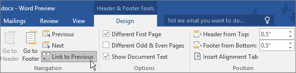 The Link to Previous option is highlighted in Header & Footer Tools.