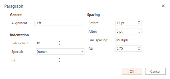 The Paragraph dialog box has options for setting horizontal alignment, indentation on the left margin, and line spacing.