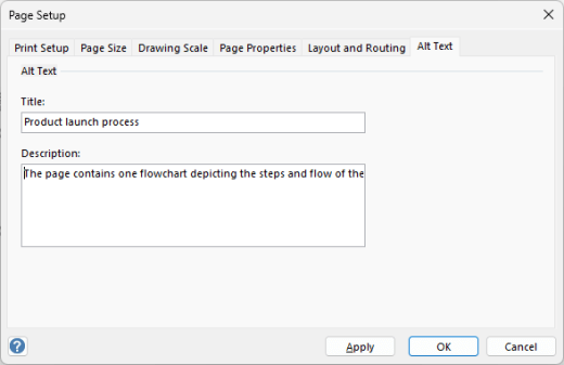 The Alt text dialog box for a page in Visio for Windows.
