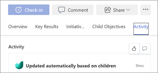 Screenshot of the Activity tab of an Objective with the thumbs up icon selected.