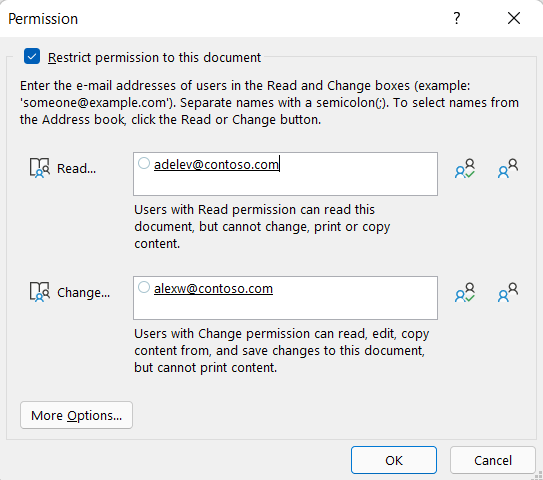 The IRM permissions dialog showing who has Read permission to this file and who has change permissions to the file.