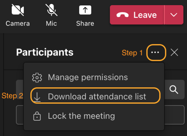 Image showing the participants dropdown with "download attendance list" called out.