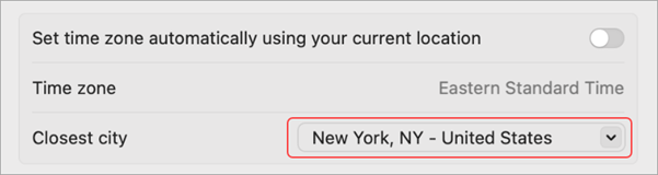 Settings to change your time zone on MacOS