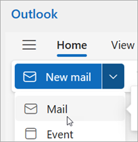 Screenshot of New Mail selection on simplified ribbon
