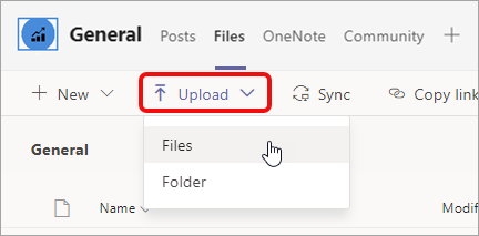 The Upload button is the second from the left at the top of the Files tab in a channel.