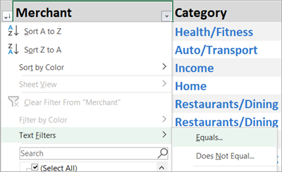 Wählen Sie den Abwärtspfeil neben Händler > Textfilter > Gleich aus.