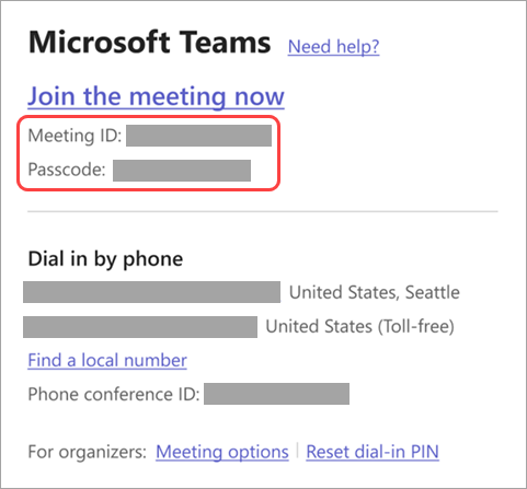 Screenshot showing where to find the meeting ID and passcode on the meeting invite.