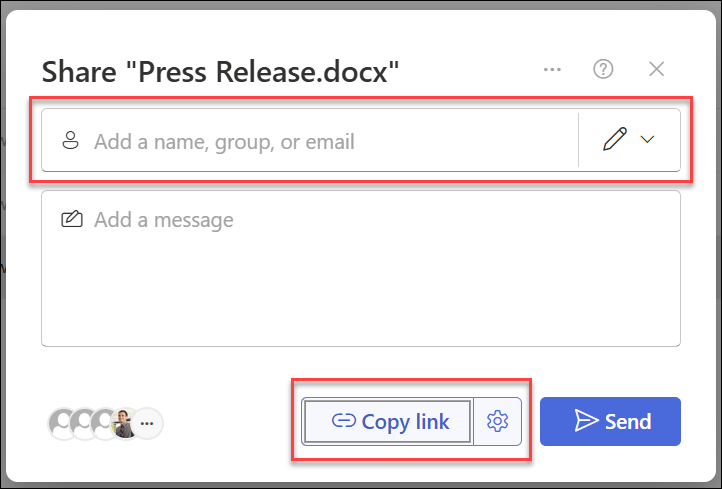 screenshot of two share options: copy link and add people.