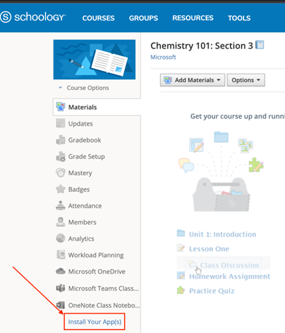 Screenshot of Schoology course highlighting the Install Your Apps button at the bottom of the course navigation.