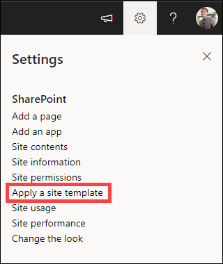 Settings with Apply a site template highlighted.
