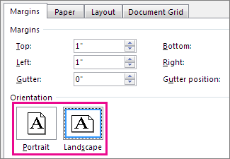 Portrait and Landscape buttons in the Page Setup box.