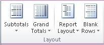 PivotTable Tools: The Layout group on the Design tab