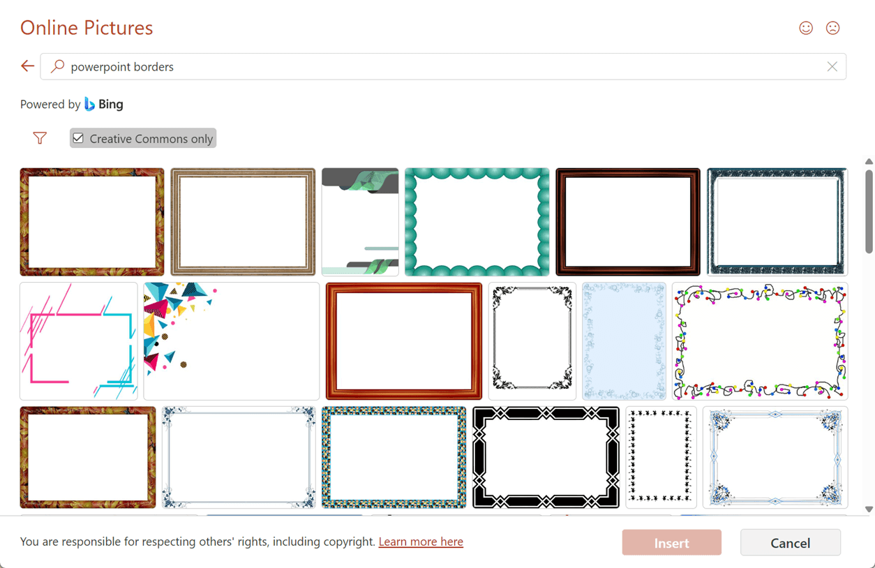 To find a border design, select Insert > Pictures > Online Pictures.