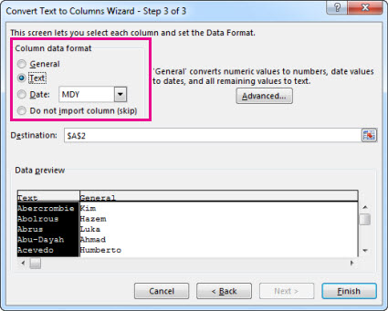 Step 3 in the Convert Text to Columns Wizard