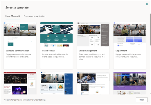 Template selections for a SharePoint communications site