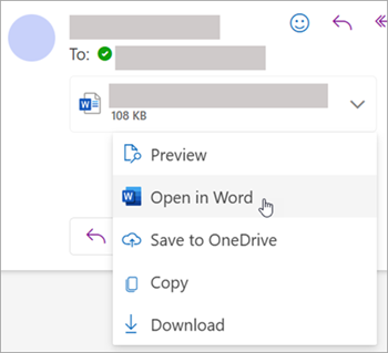 Screenshot showing dropdown to open an attachment in Word