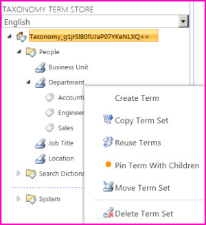 You can select a group name in the Term Store tool to open a menu that lets you add terms to a term set