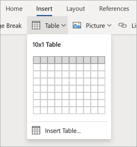 Insert tables in Word for the web