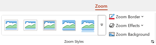 The Zoom tab on the ribbon in PowerPoint includes formatting options such as border and background.