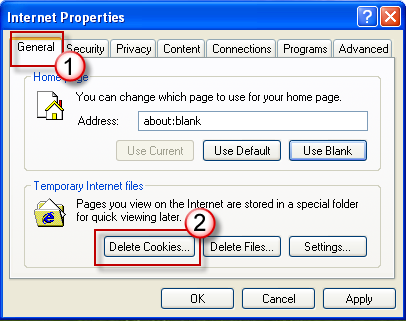 On the General tab, click Delete Cookies in theTemporary Internet Files section of the Internet Properties dialog box.