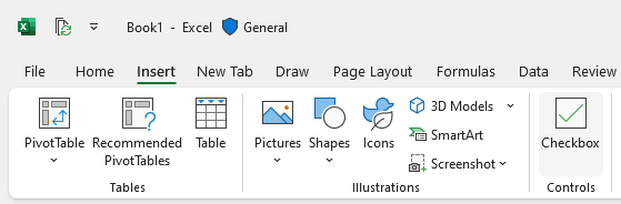 The Insert Checkbox button on the Insert tab