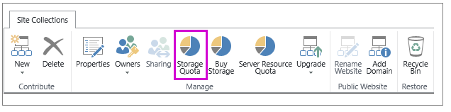 Site Collections tab with Storage Quota button highlighted