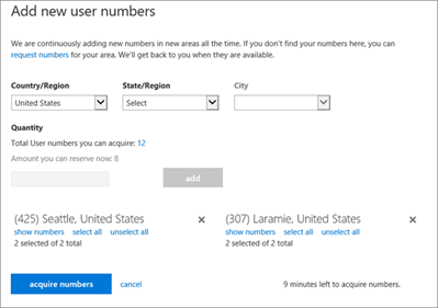 At the Add user numbers page, specify the area where you want to get the numbers for.