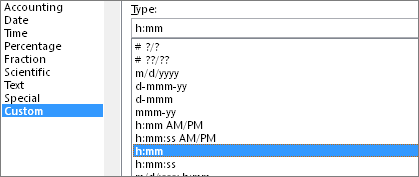 Format Cells dialog, Custom command, h:mm type