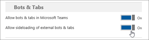 On the Microsoft Teams settings page, under Bots, you can turn settings off or on to prevent or allow the use of built-in bots and side-loaded external bots.