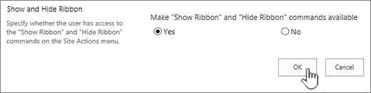 Show Hide ribbon option, with OK selected