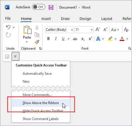 Show the Quick Access Toolbar above the ribbon