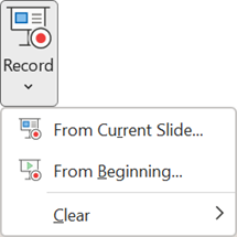 The Record Slide Show commands on the Recording Tab in PowerPoint.