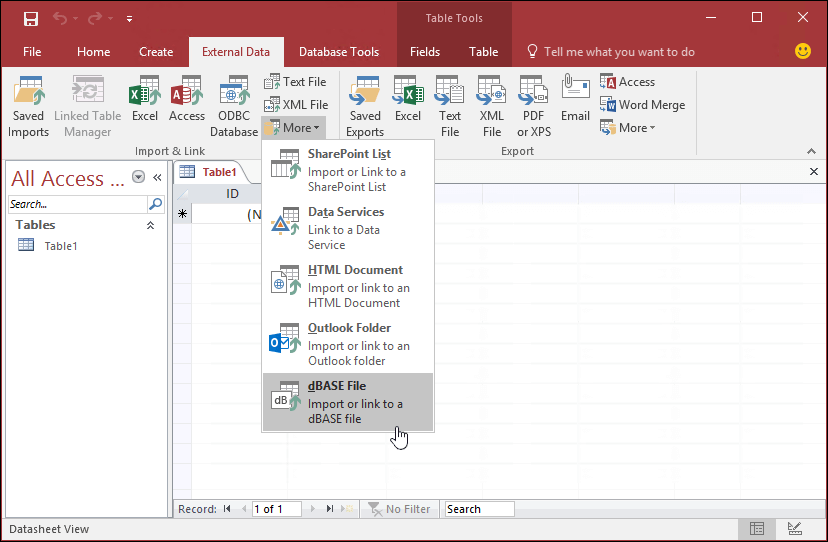 Screenshot of Access with dBASE File option selected on Exernal Data ribbon tab