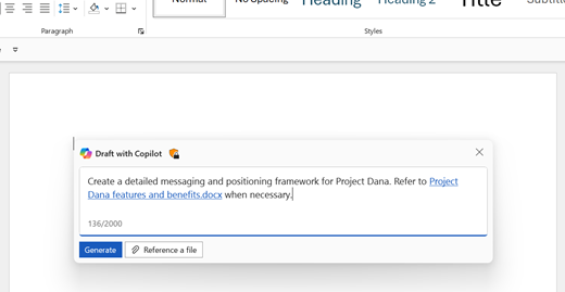 The Draft with Copilot dialog box open with a prompt instructing Copilot to create a detailed messaging and positioning framework document. Another file is offered as a reference.