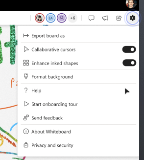 To open the Whiteboard Settings menu, select Settings (gear icon) in the upper right.